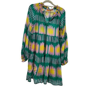 Oliphant Swing Dress Tunic Balloon Sleeves Silk Cotton Blend Ikat Print Green XS
